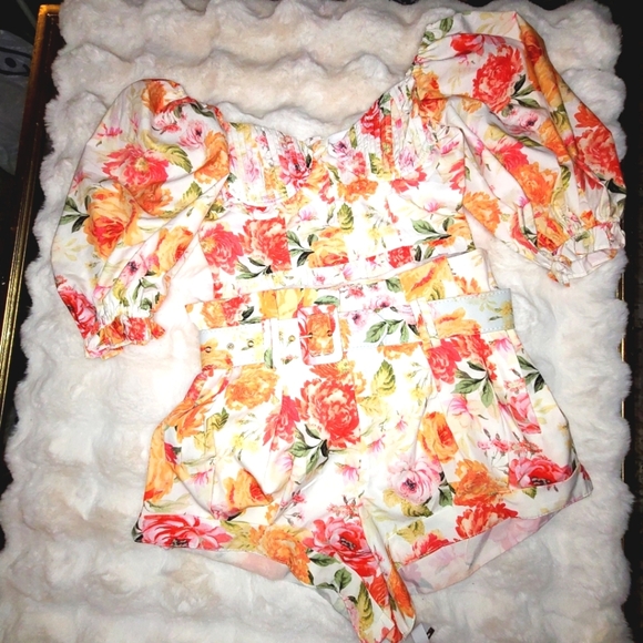 love bell Pants - Love Bell High Waist Floral top and Shorts set Vibrant Orange Pink